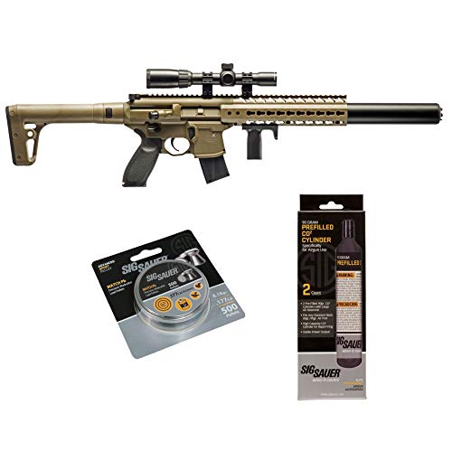 SIG Sauer MCX .177 Cal CO2 Powered Advanced Air Rifle with CO2 90 Gram (2 Pack) and 500 Lead Pellets Bundle (FDE, 1-4x24 Scope)