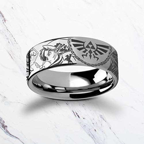 Engraved Zelda Mosaic Ocarina Links Master Sword & Shield Majora Tungsten Ring Flat Polished - 4mm to 12mm - Lifetime Size Exchanges - Thumbnail 4