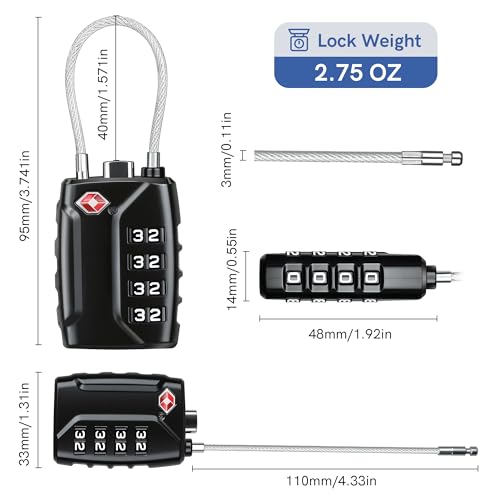 T Tersely TSA Luggage Locks,4-Digit Security Suitcase Locks,Combination Padlock for Suitcases Flexible Cable Travel Lock, TSA Approved Luggage Lock