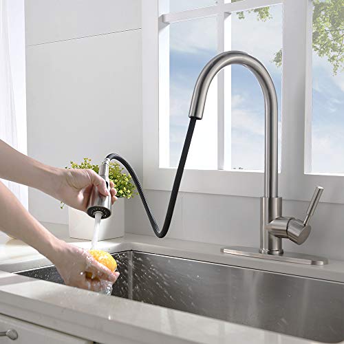VESLA HOME Commercial High Arch Pull Down Sprayer Brushed Nickel Kitchen Sink Faucet, Swivel Single Lever Stainless Steel Kitchen Faucet With Deck Plate