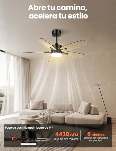 Airwit Ventilador de Techo, Lámpara Ventilador de Techo 42 Pulgadas/107 cm, Abanico de Techo Silenciosos con Control Remoto y Luz LED para el Hogar, 6 Velocidades, Motor de CC Reversible, Negro