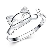 Creativelife Women's S925 Sterling Silver Cute Cat Women Open Ring,Adjustable