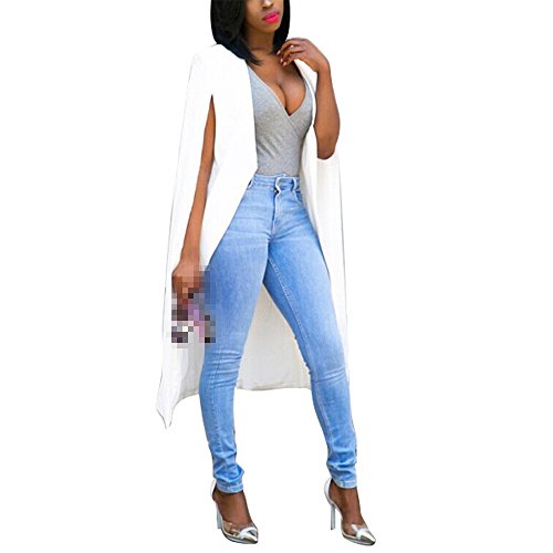 Womens Solid Color Casual Open Front Cloak Cape Trench Coat Long Blazer Duster Coat (XL, White)