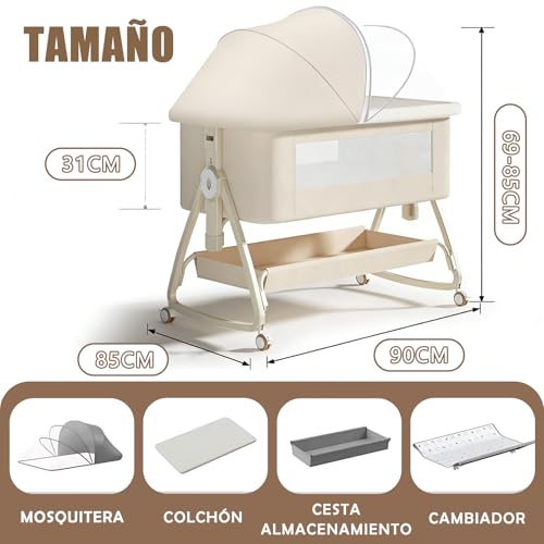ALIYU Cuna Colecho para Bebe Portátil 4 en 1, Ajustable 6 Niveles, Incluye Mosquitera, Cesta Almacenamiento, Cambiador, Colchón y Ruedas Giratorias 360° Cuna de Viaje, Regalo para Bebe Recien Nacido