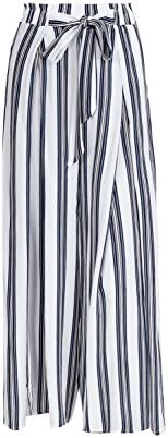 Missy Chilli Women's Summer Striped High Waist Split Wide Leg Pants Casual Loose Belted Beach Trousers