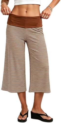 HEYHUN Women's Solid Wide Leg Flared Capri Boho Gaucho Pants