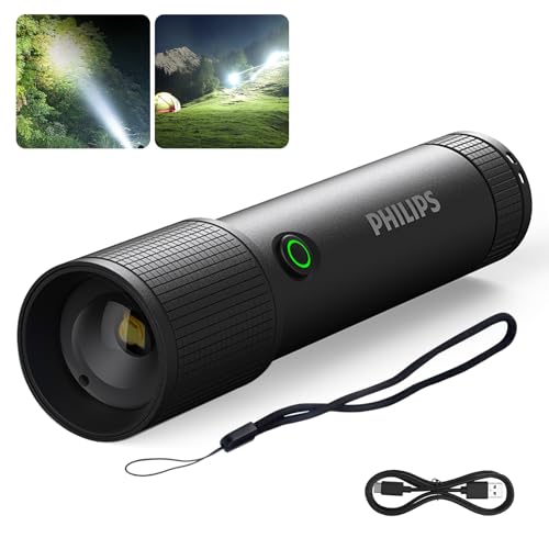PHILIPS SFL2185 Linterna LED Recargable,10W Superbrillante Lampara de Mano, Linterna Impermeable con Zoom & 4 Modos de Luz, Adecuada para Senderismo, Caza, Camping, Emergencia