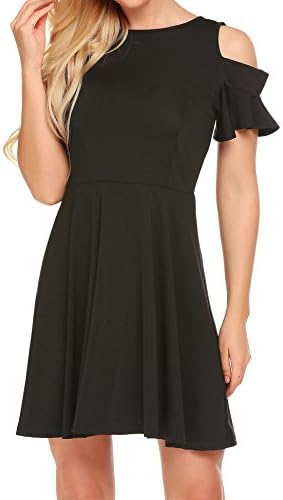 Showyoo Women's Cold Shoulder Fit and Flare Cocktail Party Skater Dress Black M