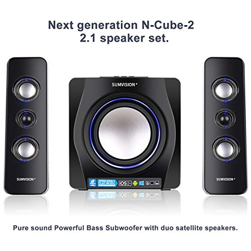 Sumvision-Ncube-Pro-2-LED-Bluetooth-50-Enhanced-Data-Rate-Designer-Stereo-Multimedia-Wireless-Speaker-21-with-Bass-Boost-Subwoofer-for-PC-Gaming-Laptops-Android-iPhones-iPads-iMac