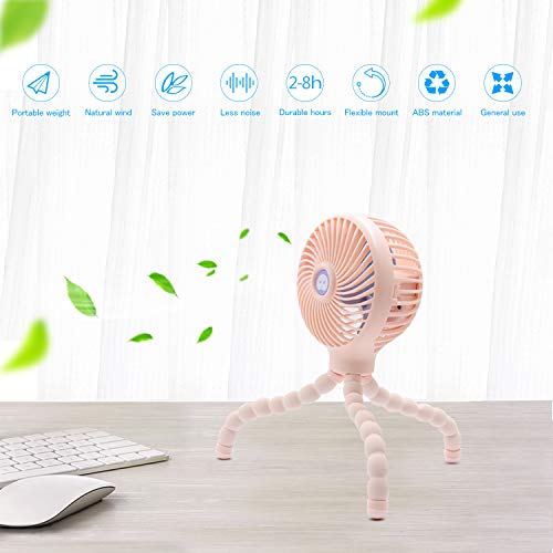 TRELC Mini Handheld Stroller Fan, Personal Portable Baby Fan with Flexible Tripod, Gift for Children, Rechargeable Fan for Office Room Car Traveling BBQ Gym Fan with 3 Settings (Pink) - Thumbnail 5