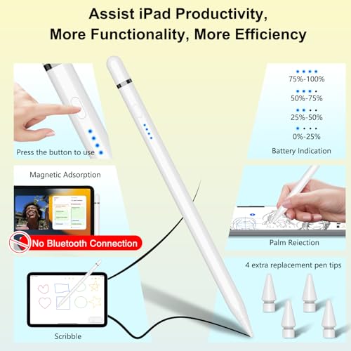 Pencil 1st Generation for iPad (2018-2026), 20 Mins Quick Charge with Tilt & Palm Rejection, Pen for iPad Compatible with i-Pad Air 3/4/5/M2/M3, Mini 5/6, i-Pad 6-11, Pro 11"/12.9"/13" M4 (White)