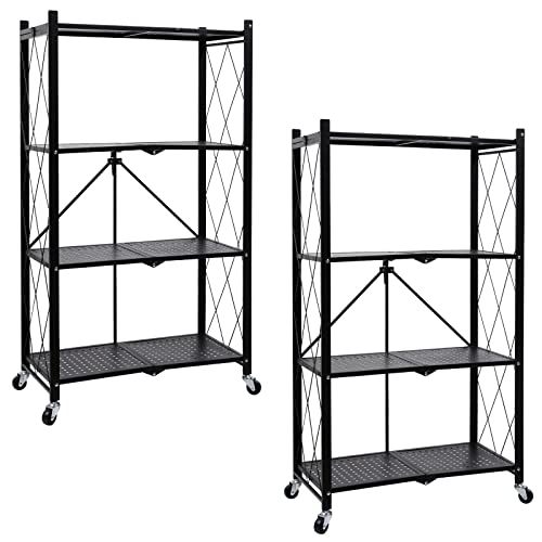 HealSmart 4Tier Heavy Duty Foldable Metal Rack Storage Shelving Unit with Wheels Moving Easily