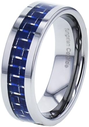 Tungsten Rings for Men - 8mm Blue Carbon Fiber Dome High Polished Comfort Fit Wedding Engagement Band TKJ