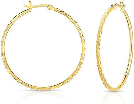 925 Solid Sterling Silver Tubular Diamond-Cut Hoop Earrings. (14K Yellow Gold Plated)