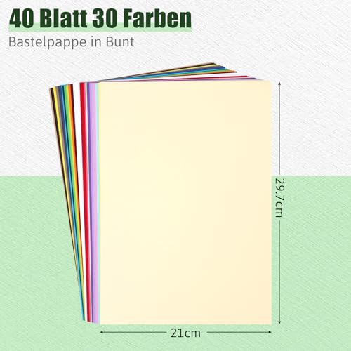 VGOODALL 40 Stück Tonpapier Bunt, Bastelpappe in Bunt Papier Bastelpapier 180 g/m² Druckerpapier Premium Tonzeichenpapier Craft Paper zum Basteln Drucken