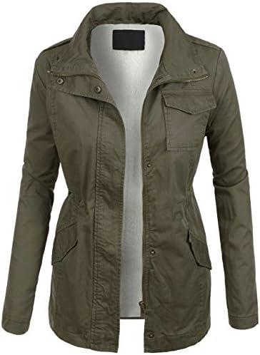KOOLDO Womens Military Anorak Sherpa Lining Zip Up Long Sleeve Jacket-L-OLIVE