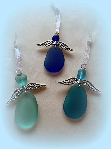 Sea Glass Guardian Angel Ornament Set Trio Handmade Recycled Bottle Beach Art Decor