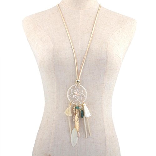 Hunputa Fashion Women 2 Layers Leather Dreamcatcher Tassel Feathers Pendant Long Chain Necklace Choker (White)