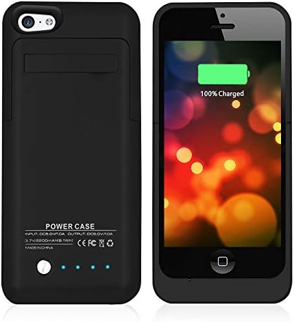 Kujian iPhone 5s Case Charger External Battery Case Backup Charging Power Case 2200mAh with Kickstand LED Indicatiors Colors for iPhone 5/5S/5C/SE Black