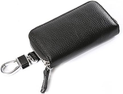 Key Case Wallet, Genuine Leather Pocket Key Organizer Case Zip Around Key Case with 6 Hooks Key Holder Ring for Men&amp;Women(Black)