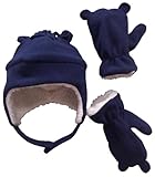 N'Ice Caps Little Boys and Baby Sherpa Lined Micro Fleece Pilot Hat Mitten Set (2-3 Years, Navy/White Sherpa)