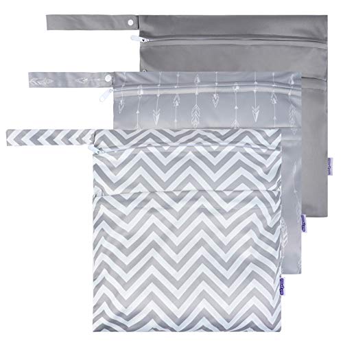 OBANGONG 3 Pcs Wet Dry Bags for Baby Cloth Diapers,Waterproof Washable Reusable with Two Zipper Pockets for Dirty Gym…