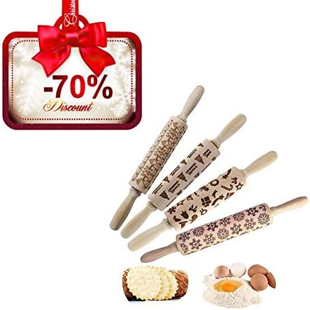 Christmas Wooden Rolling Pins Engraved Embossing Rolling Pin with Christmas Symbols for Baking Embossed Cookies (ABCD)