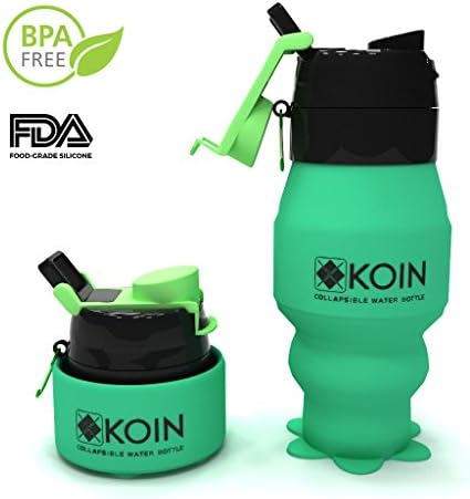 Collapsible Water Bottle - Foldable Silicone Leak Proof Canteen w/ Carabiner - Travel Sports Outdoors Easy To Clean and Store Portable Flask - BPA Free, Non Toxic, 18fl oz