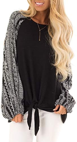 Hot!Ninasill Women Large Size Bohemian Print Splice Tied up Round Neck Long Sleeve Blouses Leisure Loose Tops T-Shirt Shirt
