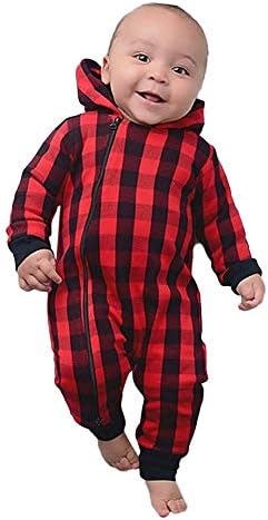 Littay Newborn Infant Baby Girls Boys Christmas Plaid Hooded Jumpsuit Romper Clothes