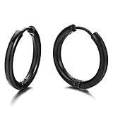 Pair Stainless Steel Black Plain Circle Huggie Hinged Hoop Earrings for Men Women