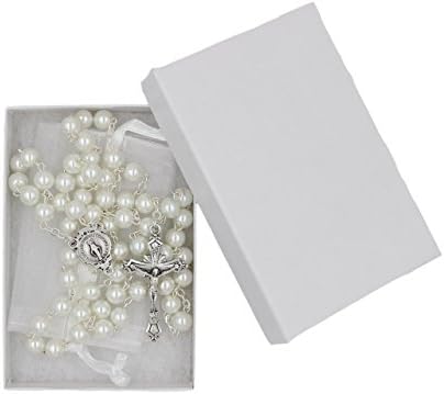 7mm Glass Bead Imitation Pearl Rosary Miraculous Medal Center Starburst Cross