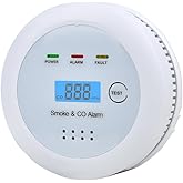 2 in1 Smoke Detector Carbon Monoxide Detector Combo,with LCD Digital Display and Sound Warning Test Button,Battery Powered,Easy Installation, for Home, Bedroom, Kitchen (1PACK)