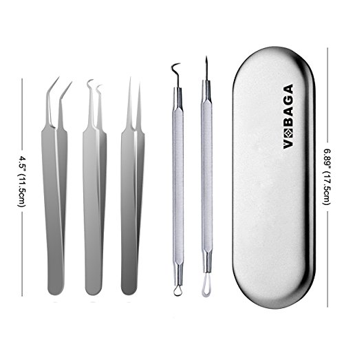 VOBAGA Blackhead Remover Pimple Comedone Extractor Tool Curved Acne Removal Kit,Treatment for Blemish,Whitehead Popping,Fat Particles,Zit popper with Silver Metal Case (Tweezers Kit 5pcs)