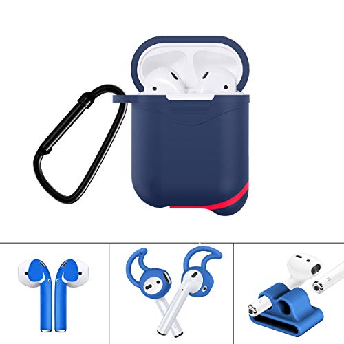 Newseego Compatible Apple Airpods Case 4 in 1 Full Protective Silicone Cover Skin Charging Case Airpods Skins Protective Wraps Sticker/AirPods Watch Band Holder/Earbuds Hooks-Blue