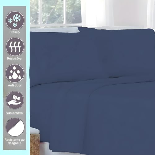 Cottonluxury Jogo de Lençol 4 peças 600 Fios Egípcio 100% Algodão Grampo Longo com Toque Acetinado - Não agride o Ambiente (Azul-marinho, Queen)