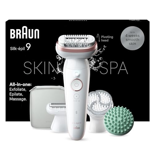 Braun Epilateur Electrique Pour Femmes Silk-épil 9 9-080, Tête Flexible 360° Pour Epilation Facile, Etanche, Sans Fil, Avec Tête De Rasoir, Brosse Exfoliante Et Sabot Tondeuse, Kit De Spa Tout-En-Un