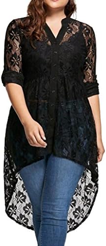 Ladies Chic Lace Perspective Button Up Blouse, Women's Spring Autumn Long Sleeve High Low Lace Shirts See Through Button Up Female Tops Plus Size Blouse