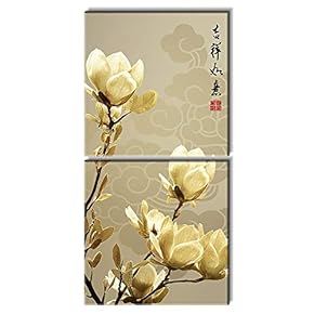 2 Panel Square Canvas Wall Art - Auspicious Chinese Style Art with Magnolia Flowers - Giclee Print Gallery Wrap Modern Home Art Ready to Hang - 12"x12" x 2 Panels