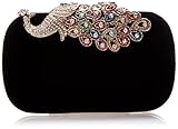BMC Womens Elegant Rhinestone Peacock Clasp Velvet Cocktail Evening Handbag-BLACK