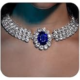 Xerling Layered Rhinestones Choker Necklaces Blue Crystal Pendant Wedding Necklaces for Brides Iced out Tennis Chain Statement Jewelry Collar Necklaces for Party