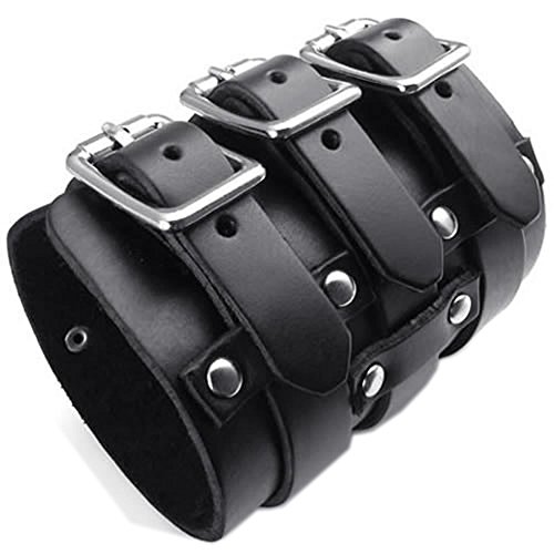 KONOV Wide Genuine Leather Men s Bangle Cuff Bracelet, Punk Rock, Fits 7.5" to 9", Black