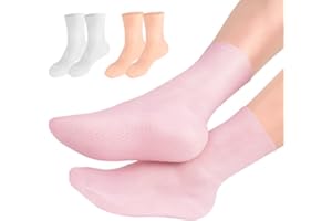 MoyRetty 3 Pairs Silicone Moisturizing Socks,Silicone Socks for Dry Cracked feet Women,Long Size,Spa Gel Socks Foot Care After Pedicure,High Elastic & Anti Slip(Pink & Beige & White)