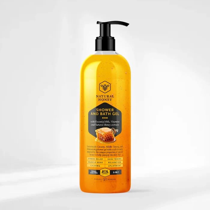 Q7PARIS Natural Honey Shower and Bath Gel with Essential Oils, Vitamins and Honey Extract, 6-in-1 Formula- 1000ml