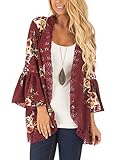 Womens Casual Fall Kimono Bell Sleeve Hollow Out Lace Short Cardigan Wine Red,S