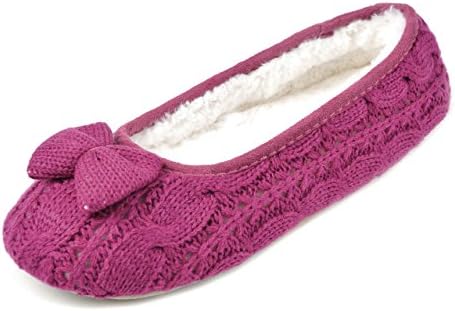 Slumberzz Ladies Girls Cable TIE Knitted Ballerina Bow Fur Slippers Pink Blue Size 3/4 5/6 7/8