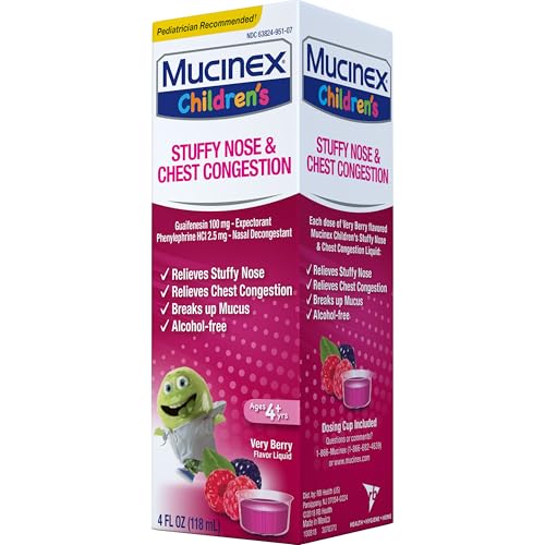MUCINEX CHILDREN’S STUFFY NOSE & CHEST CONGESTION, MULTI-SYMPTOM RELIEF, EXPECTORANT, NASAL DECONGESTANT, VERY BERRY FLAVOR, 4 FL OZ