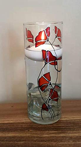 Red Poppy Flower Hand Painted Stained Glass Cylinder Vase, Candle Holder, Floral Decor