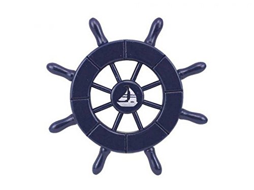 Hampton Nautical Dark Blue Decorative Ship Wheel with Sailboat 6\" - Ship Steering Wheel - Nauti