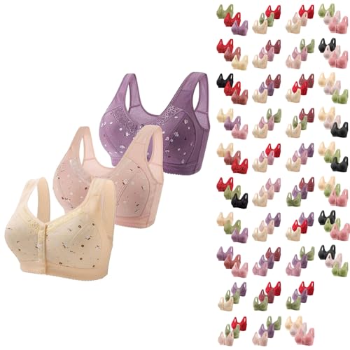 3PC Front Fastening Bras for Women UK Comfortable Seamless Wireless Printed Bra Breathable Push up Plush Size Underwear Skin-Friendly High Impact Full Cover Bralettes Soft Wide Strap Underwear